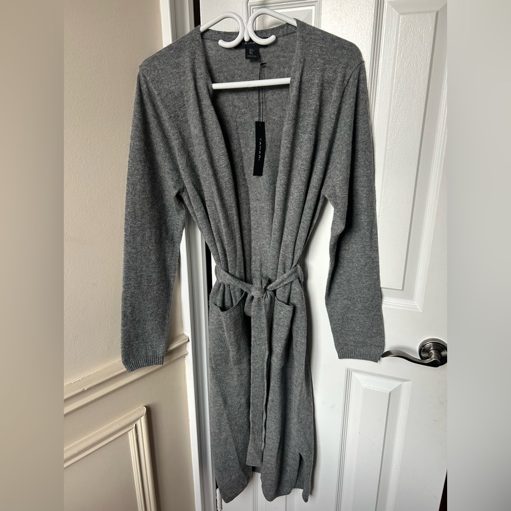Tahari 100% Cashmere Side Slit Tie Waist Sweater Charcoal Grey